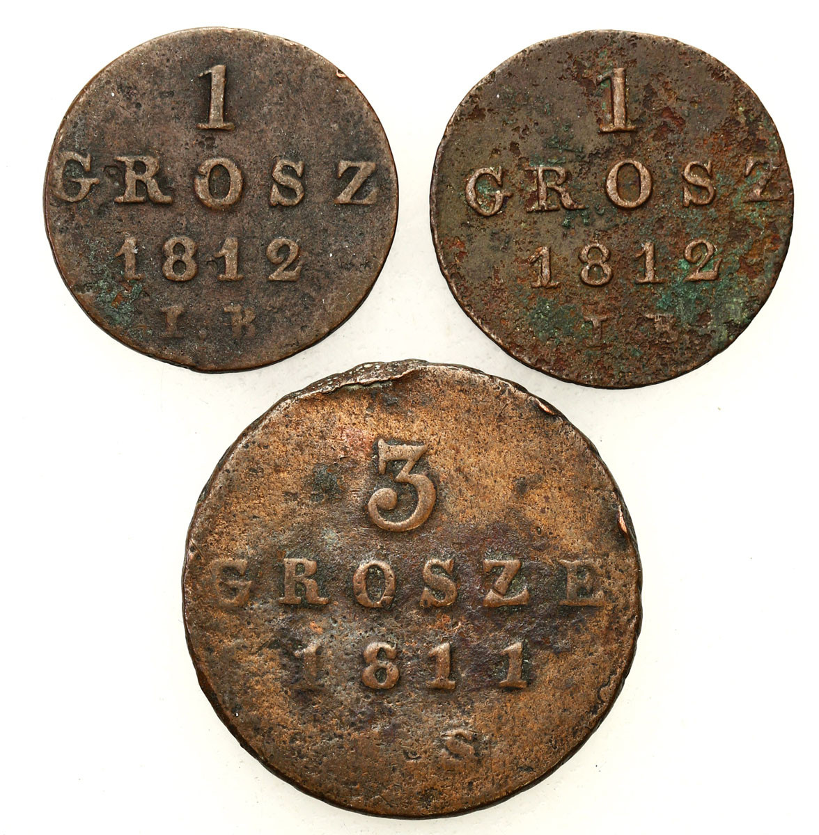Księstwo Warszawskie. 3 grosze (trojak), grosz 1812 IB, Warszawa, zestaw 3 monet